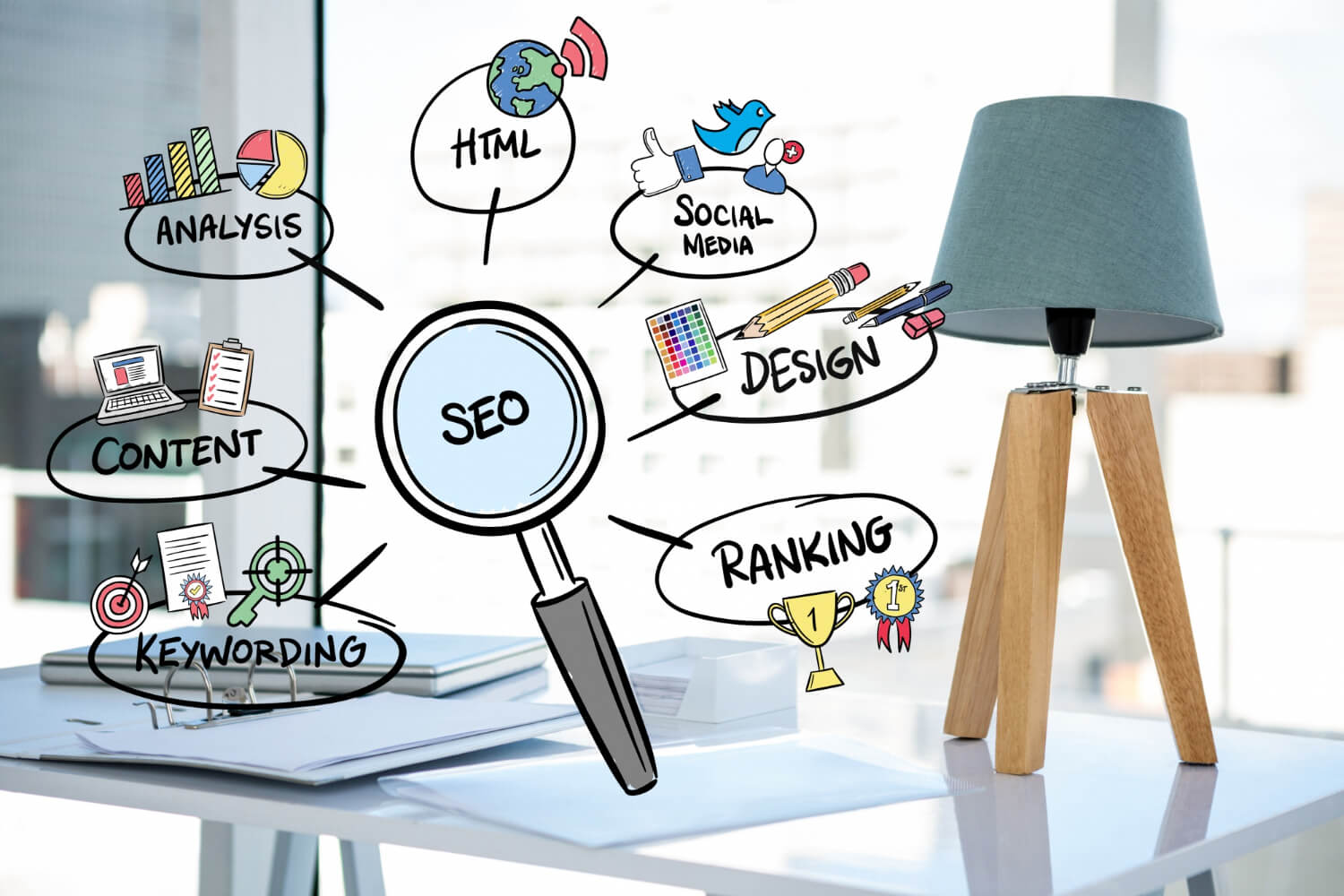 SEO diagram with lamp and office background.